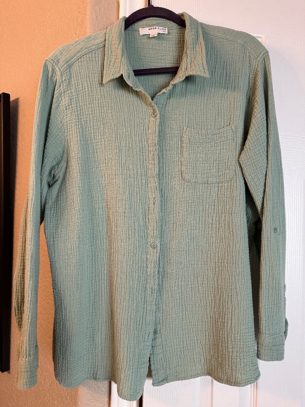 Anne Klein Jeans Double Gauze Button Down Shirt with Roll Tab Sleeves